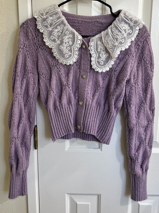 Sweaters - Women Peter Pan Lace Collar, Lilac, Size XS